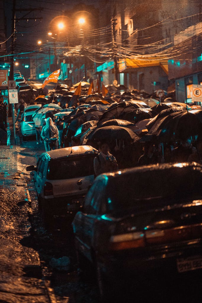 Imagen actual: A vibrant urban street scene with cars and people under umbrellas in the heavy rain.