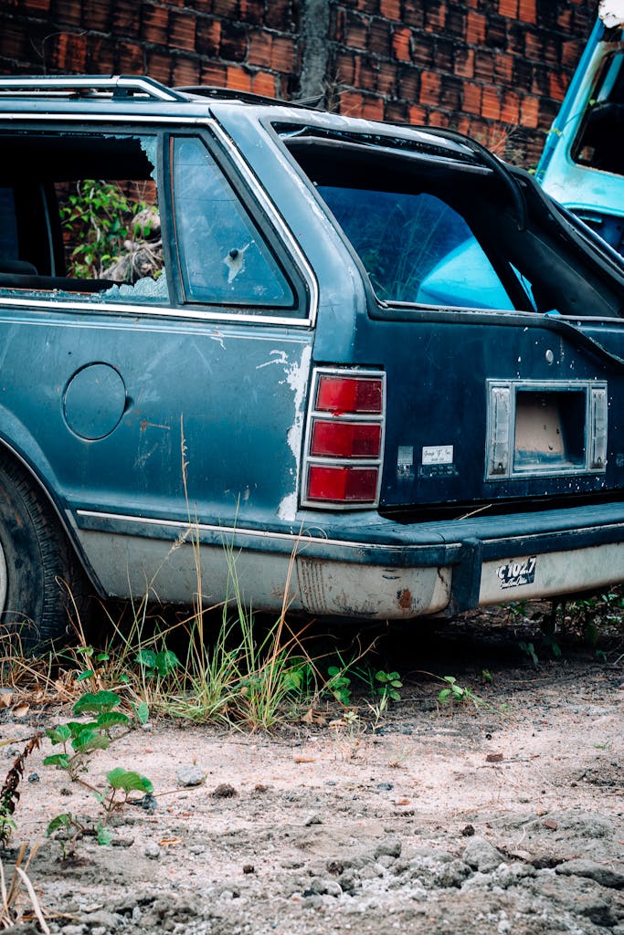 Imagen actual: An old, abandoned station wagon in disrepair parked on rough terrain with overgrown plants.